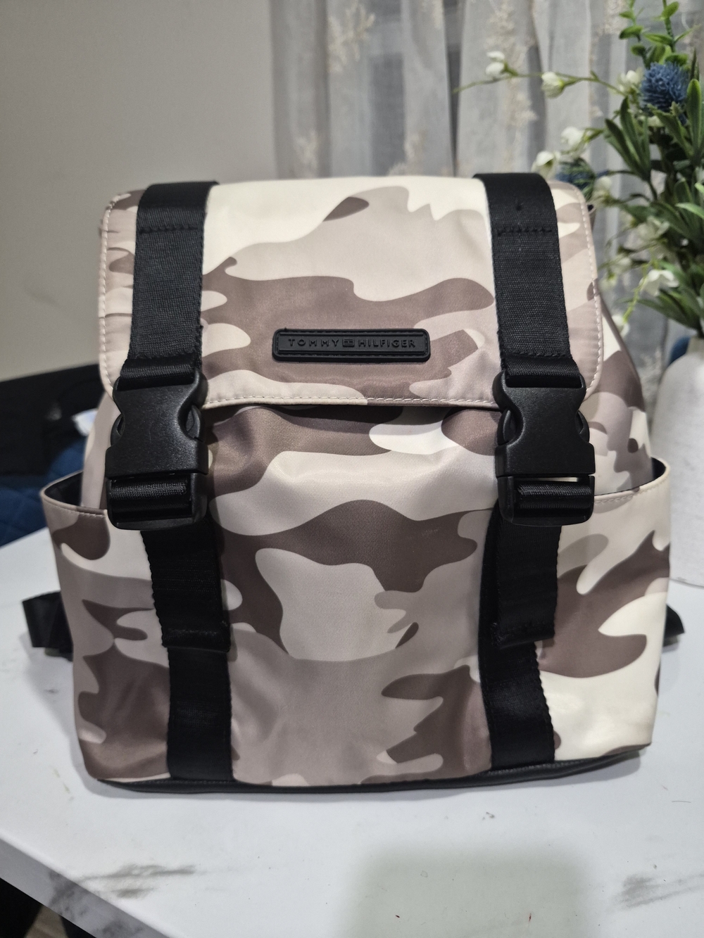 Tommy Hilfiger Beige Camo Backpack .